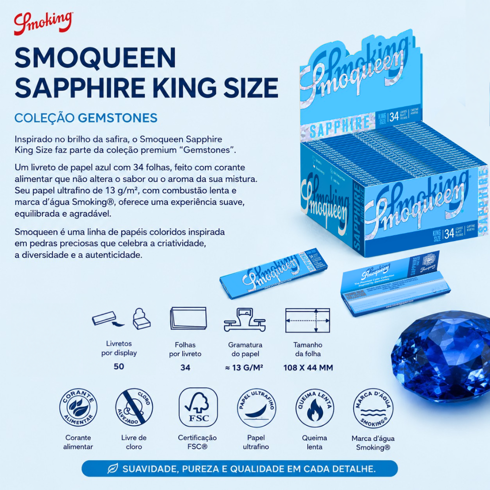 Seda Smoking Smoqueen Sapphire King Size - Display C/50 Livretos - Imagem 2